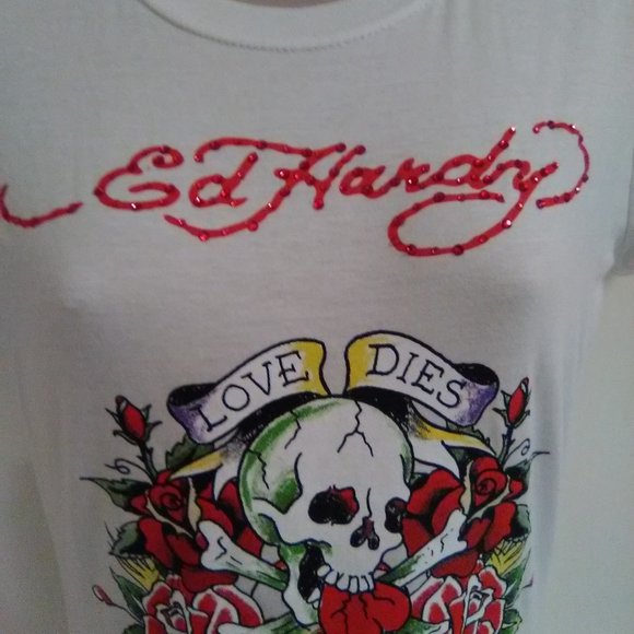 Ed Hardy White Short Sleeve with Rhinestones "Love Dies Hard" T-shirt - Picture 12 of 13